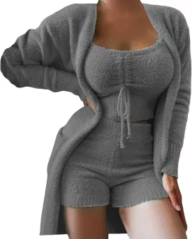 3 Piece Lounge Sets for Women Going Out Outfits for Women Sexy Fuzzy Fleece Cardigan Spaghetti Strap Crop Tops Shorts