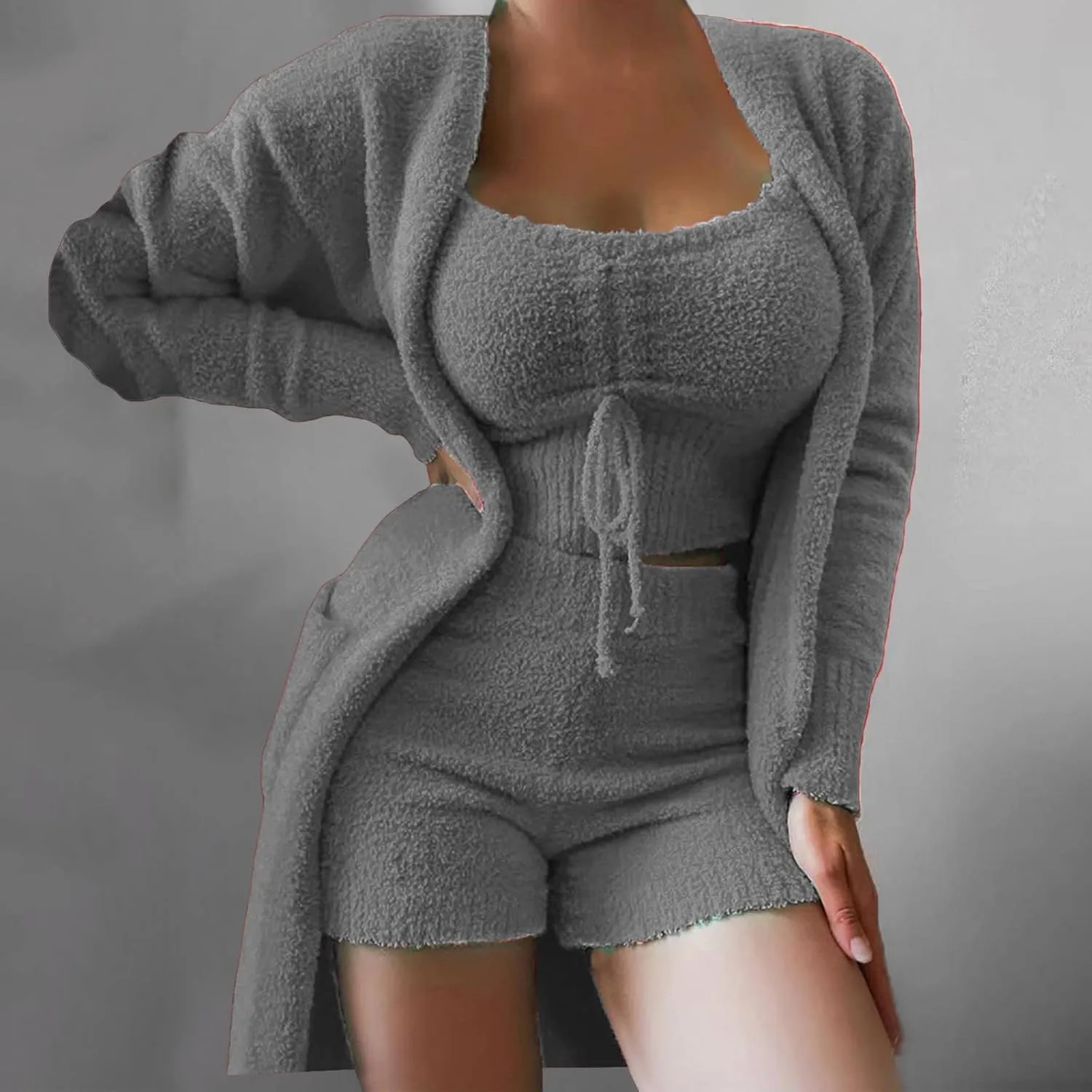 3 Piece Lounge Sets for Women Going Out Outfits for Women Sexy Fuzzy Fleece Cardigan Spaghetti Strap Crop Tops Shorts