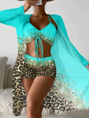 3 Pieces High Waist Bikini 2024 Printed Swimsuit Women & Kimono Swimwear Female Bather Bathing Swimming Swim Suit Beachwear