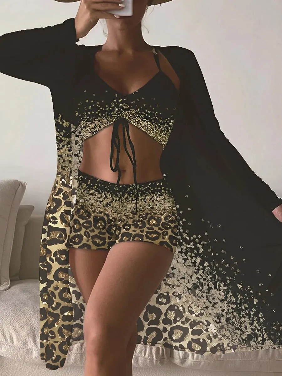 3 Pieces High Waist Bikini 2024 Printed Swimsuit Women & Kimono Swimwear Female Bather Bathing Swimming Swim Suit Beachwear