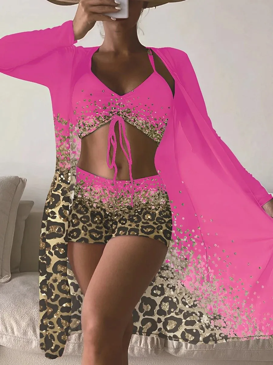 3 Pieces High Waist Bikini 2024 Printed Swimsuit Women & Kimono Swimwear Female Bather Bathing Swimming Swim Suit Beachwear