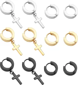 6 Pairs of Cross Earrings Dangle Hinged Stainless Steel Hoop and Stud Fashion Ear Jewelry for Men Women Wearing Gifts for Valentine's Day,Birthday,Wedding Anniversary,Proms,Graduations Parties