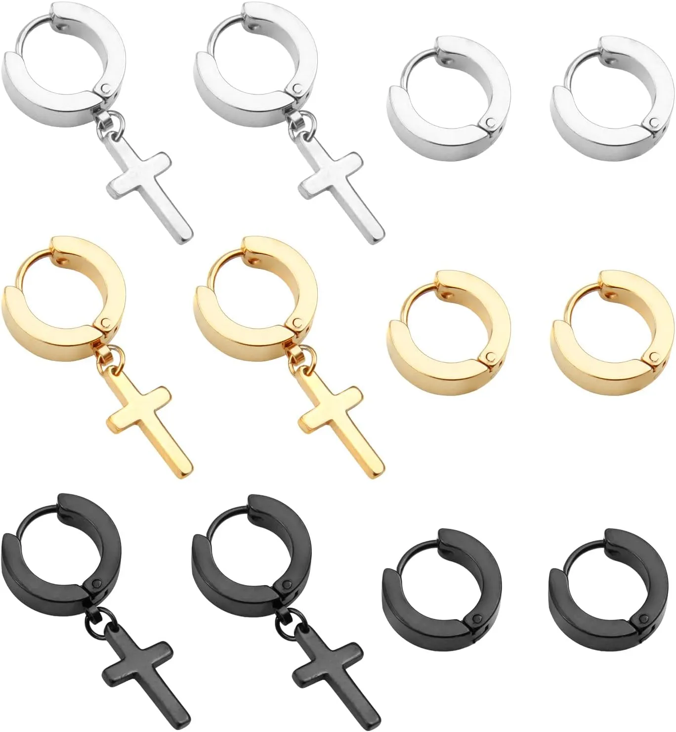 6 Pairs of Cross Earrings Dangle Hinged Stainless Steel Hoop and Stud Fashion Ear Jewelry for Men Women Wearing Gifts for Valentine's Day,Birthday,Wedding Anniversary,Proms,Graduations Parties