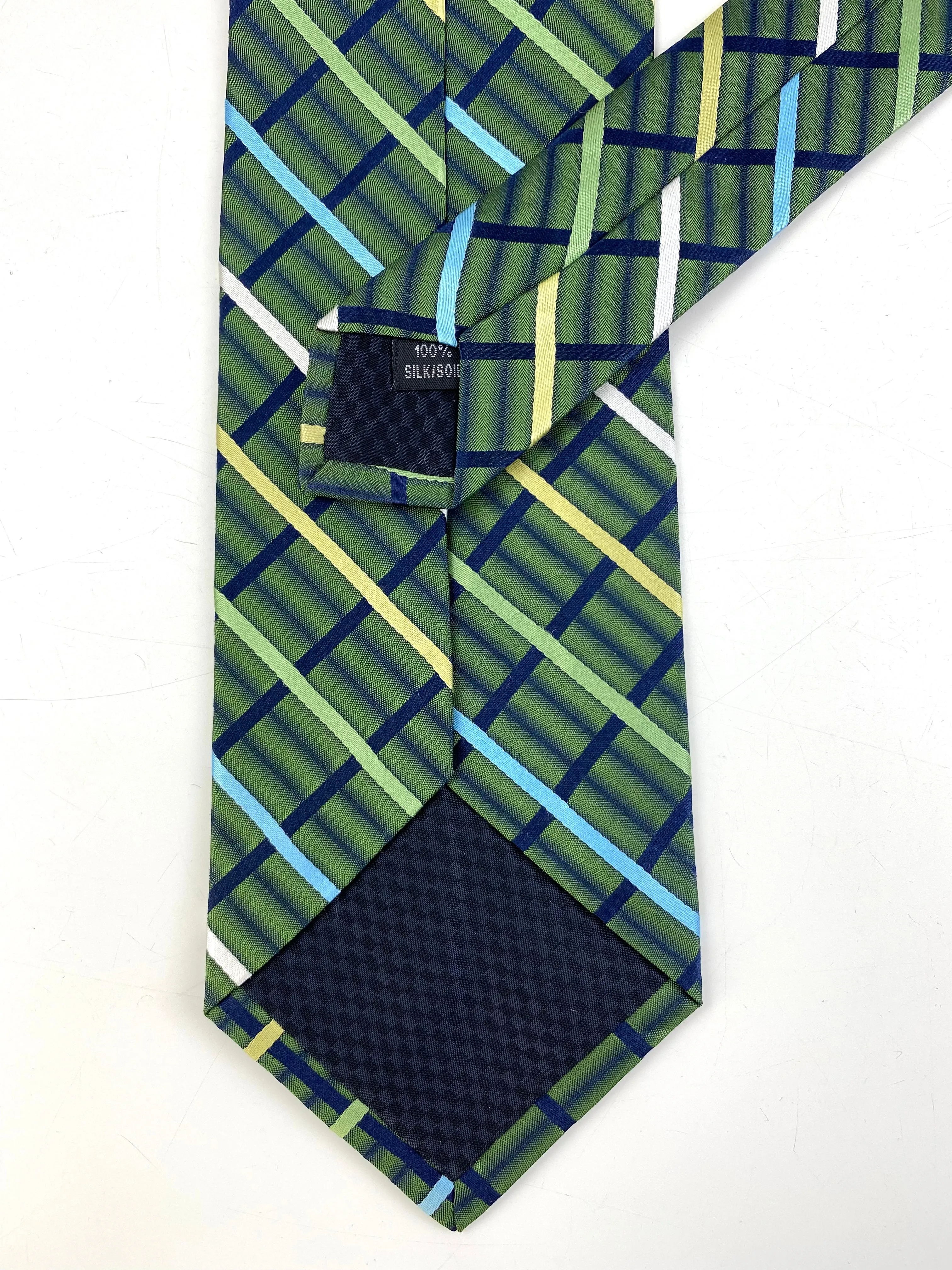90s Deadstock Silk Necktie, Men's Vintage Green/ Blue Check Stripe Pattern Tie, NOS