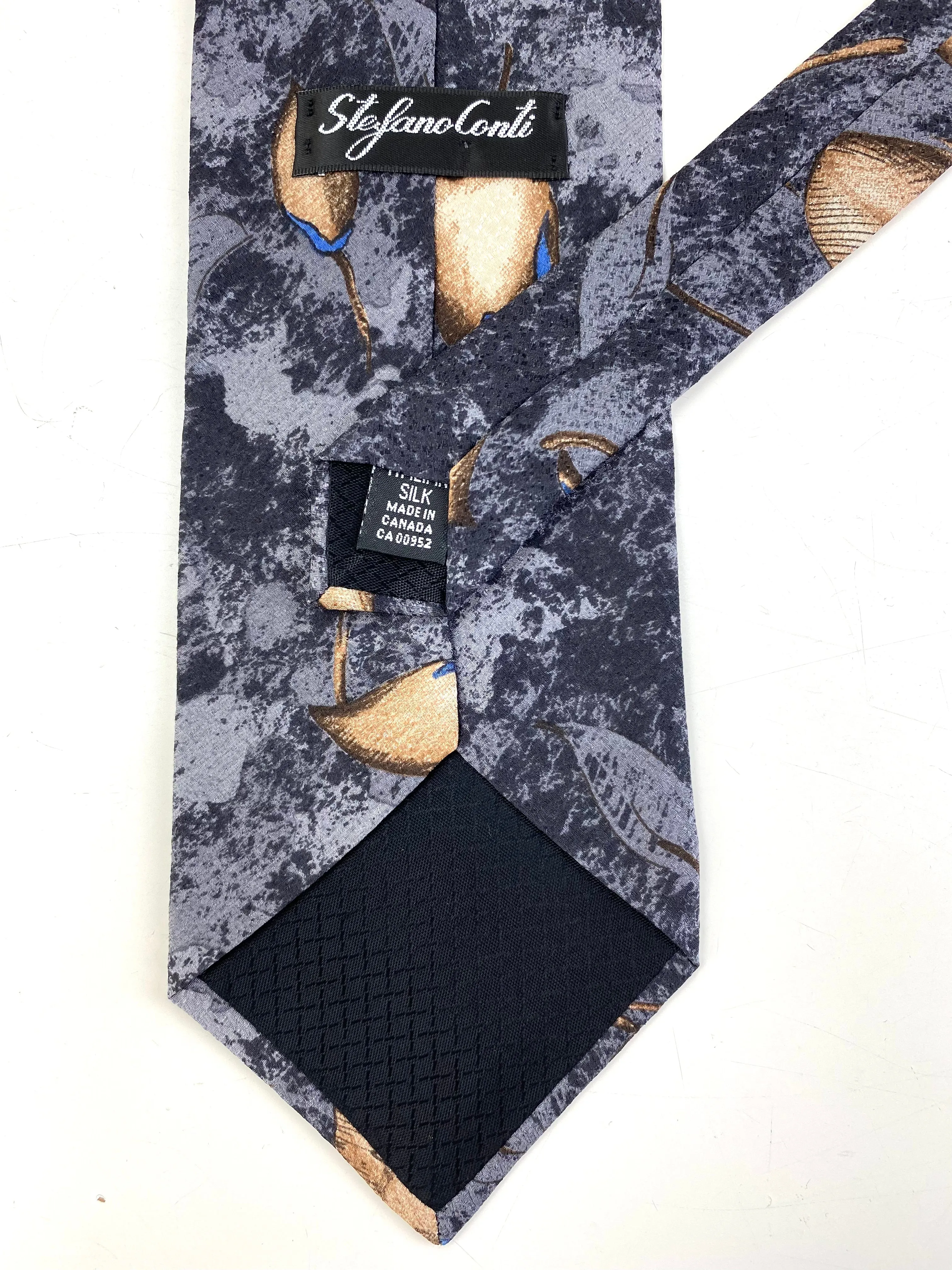 90s Deadstock Silk Necktie, Men's Vintage Grey/ Blue Botanical Pattern Tie, NOS