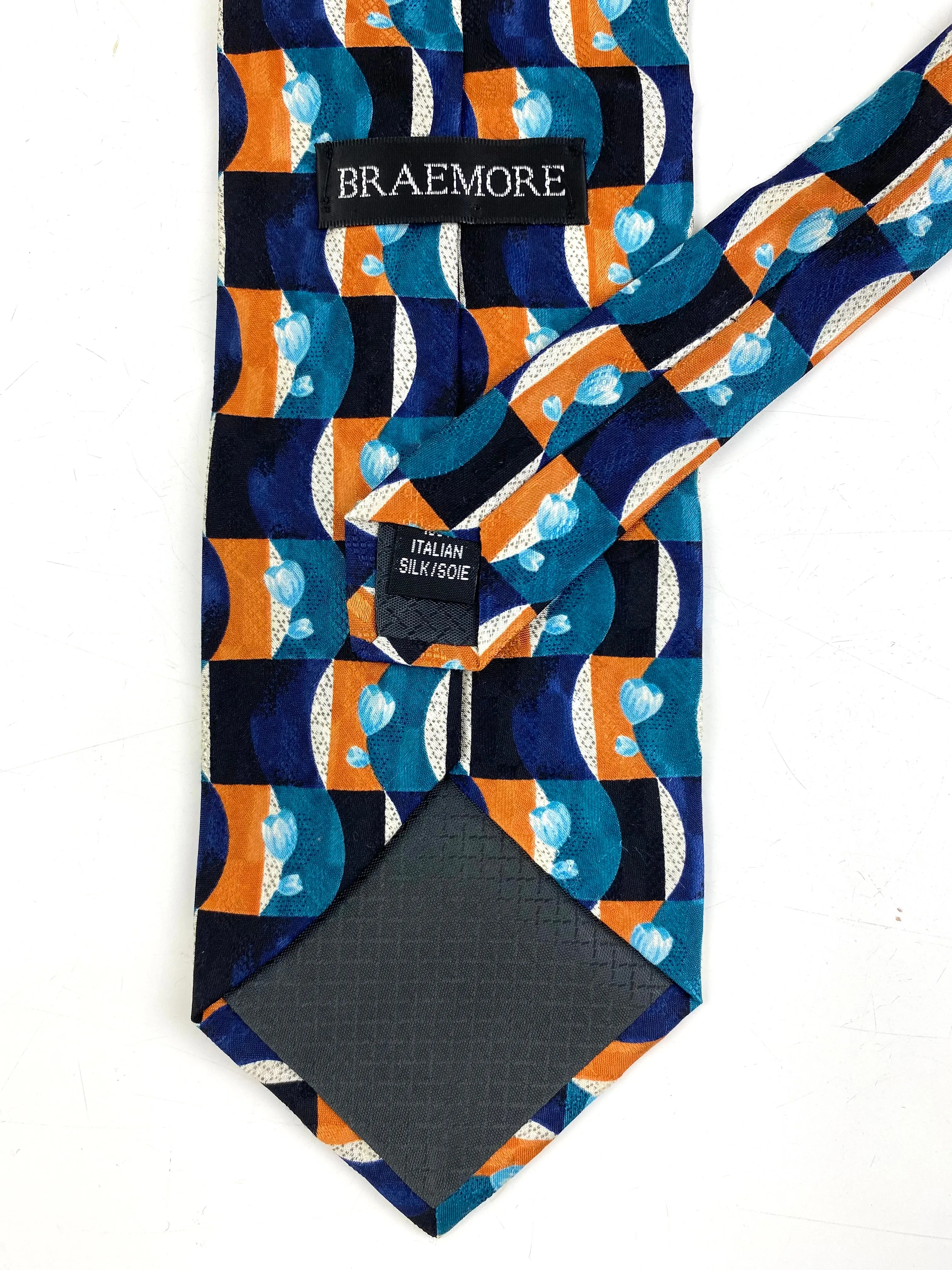 90s Deadstock Silk Necktie, Men's Vintage Teal/ Purple/ Orange Geometric Pattern Tie, NOS