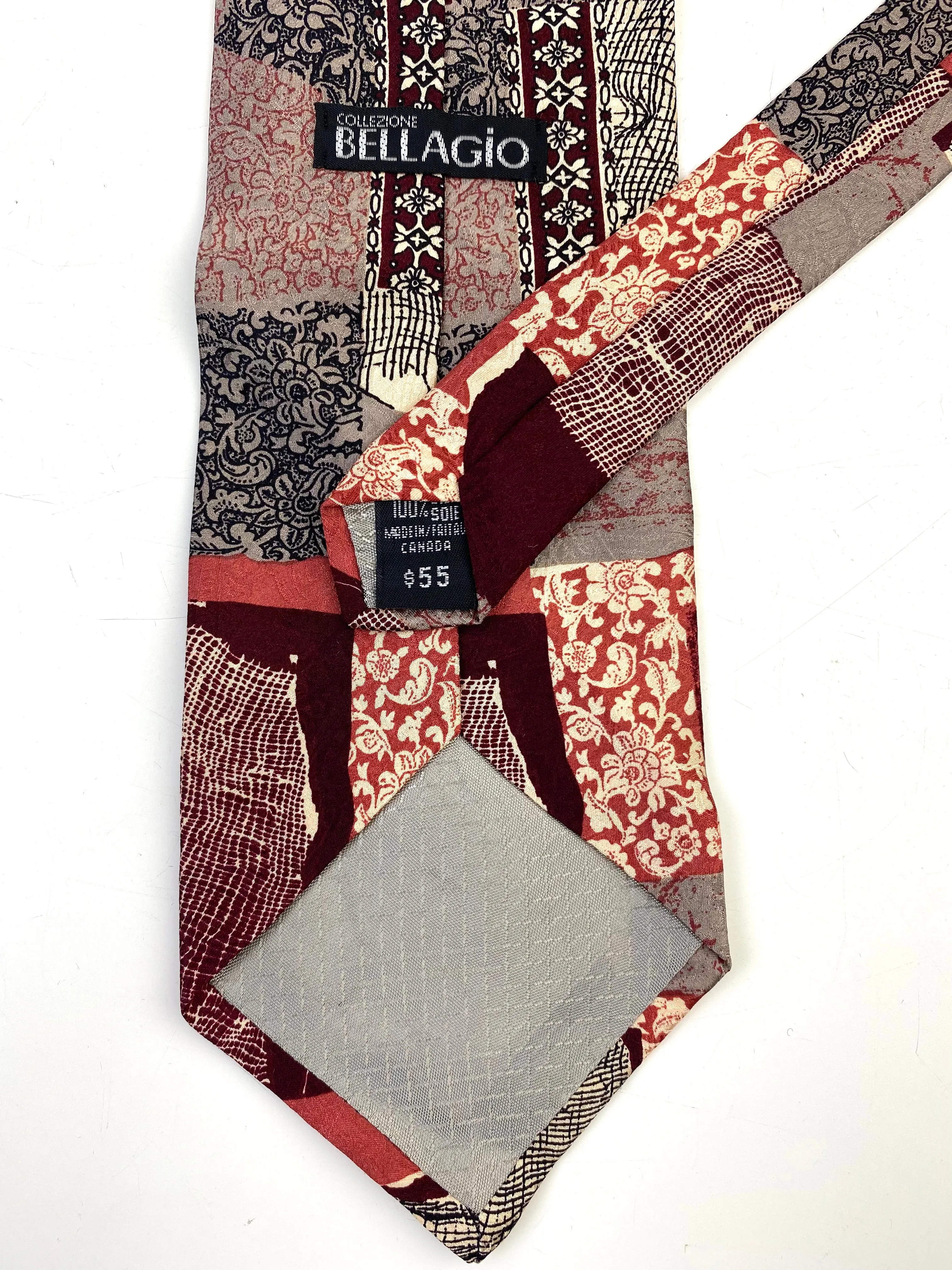 90s Deadstock Silk Necktie, Men's Vintage Wine/ Grey Abstract Pattern Tie, NOS