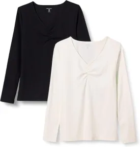Amazon Essentials Women's Cinched V-Neck Long Sleeve Slim-Fit Rib-Knit T-Shirt, Pack of 2