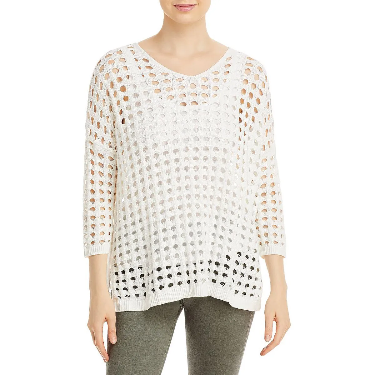 &BASICS Womens Open Stitch V-Neck Pullover Sweater