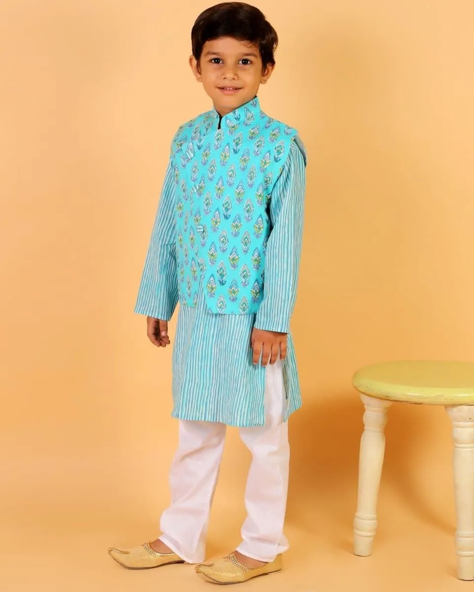 Aquarius Blue Block Print Jacket and Kurta Pajama Set