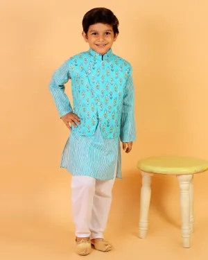 Aquarius Blue Block Print Jacket and Kurta Pajama Set