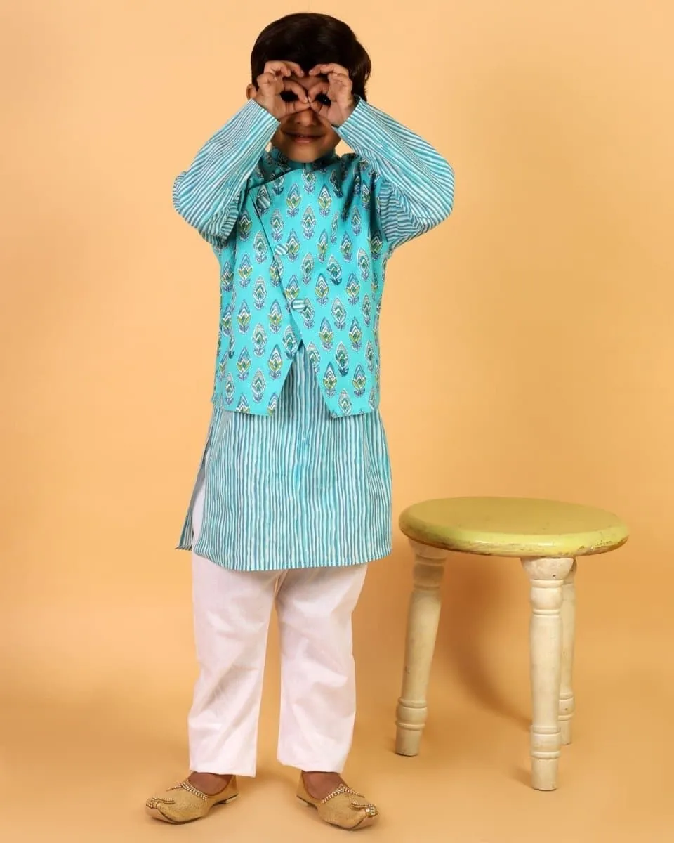 Aquarius Blue Block Print Jacket and Kurta Pajama Set