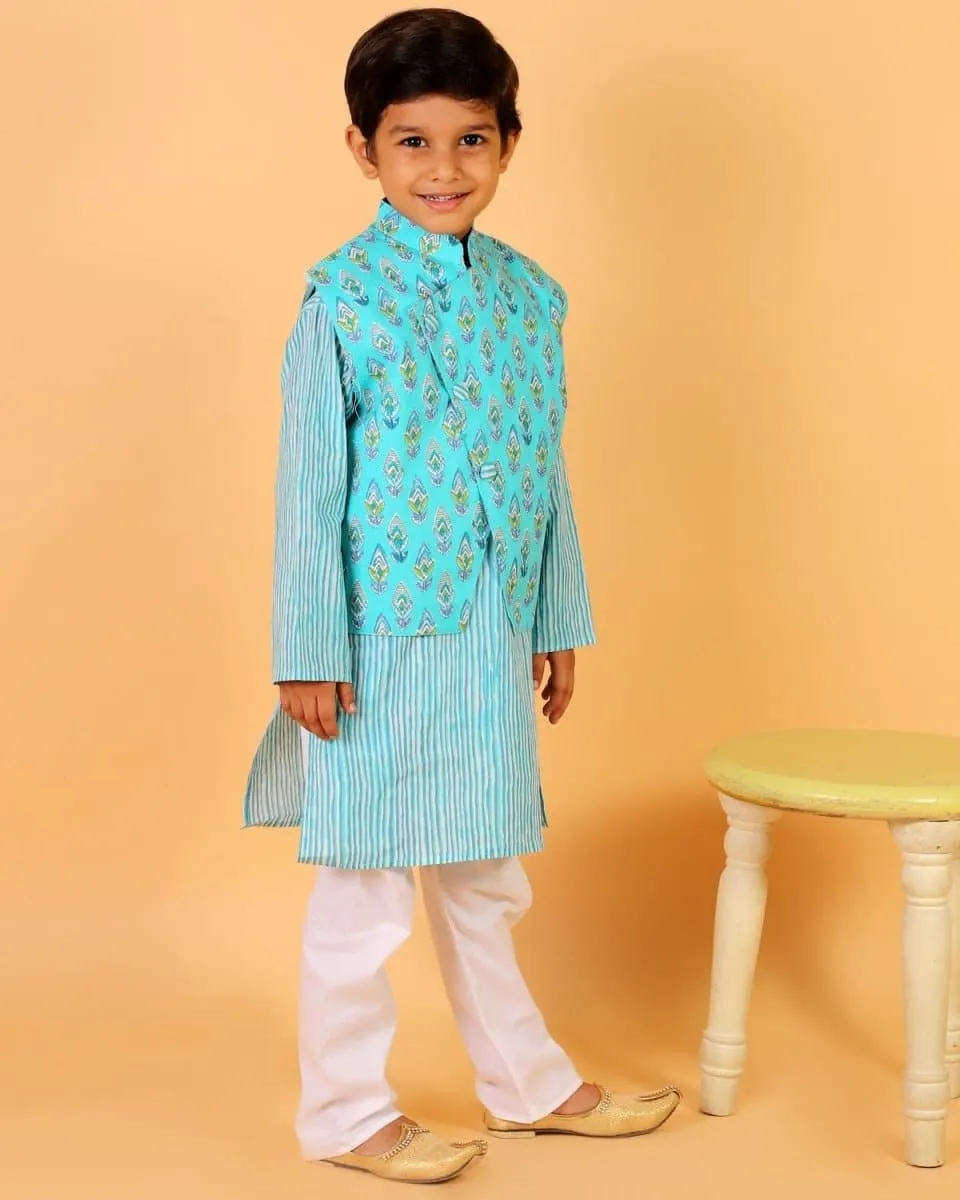 Aquarius Blue Block Print Jacket and Kurta Pajama Set