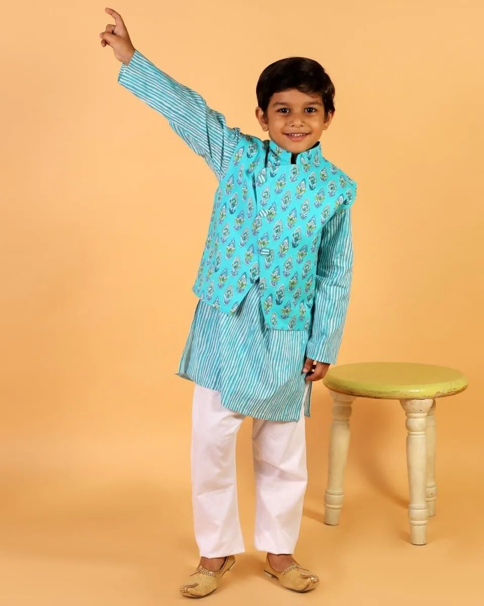Aquarius Blue Block Print Jacket and Kurta Pajama Set
