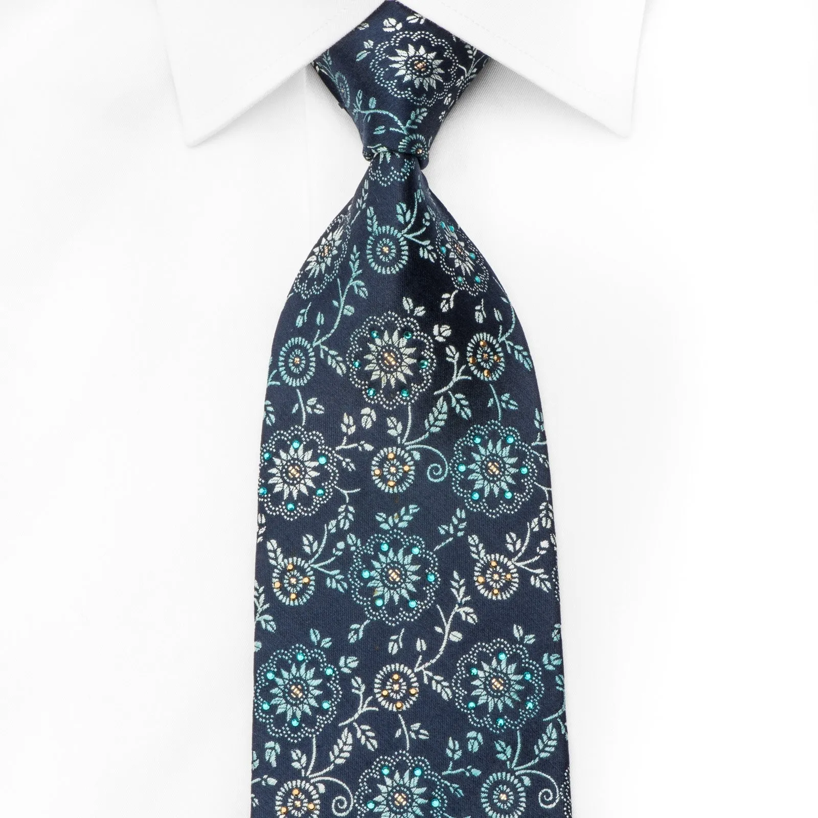 Aquascutum Rhinestone Necktie Turquoise Floral On Dark Blue With Sparkles