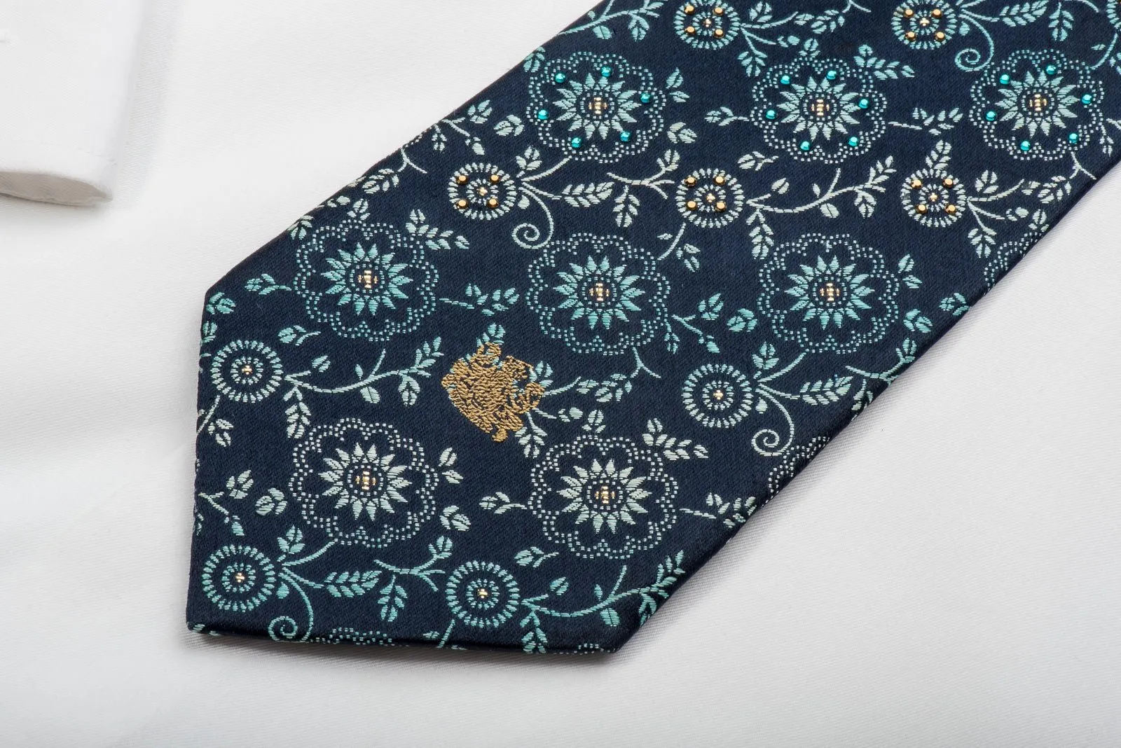 Aquascutum Rhinestone Necktie Turquoise Floral On Dark Blue With Sparkles