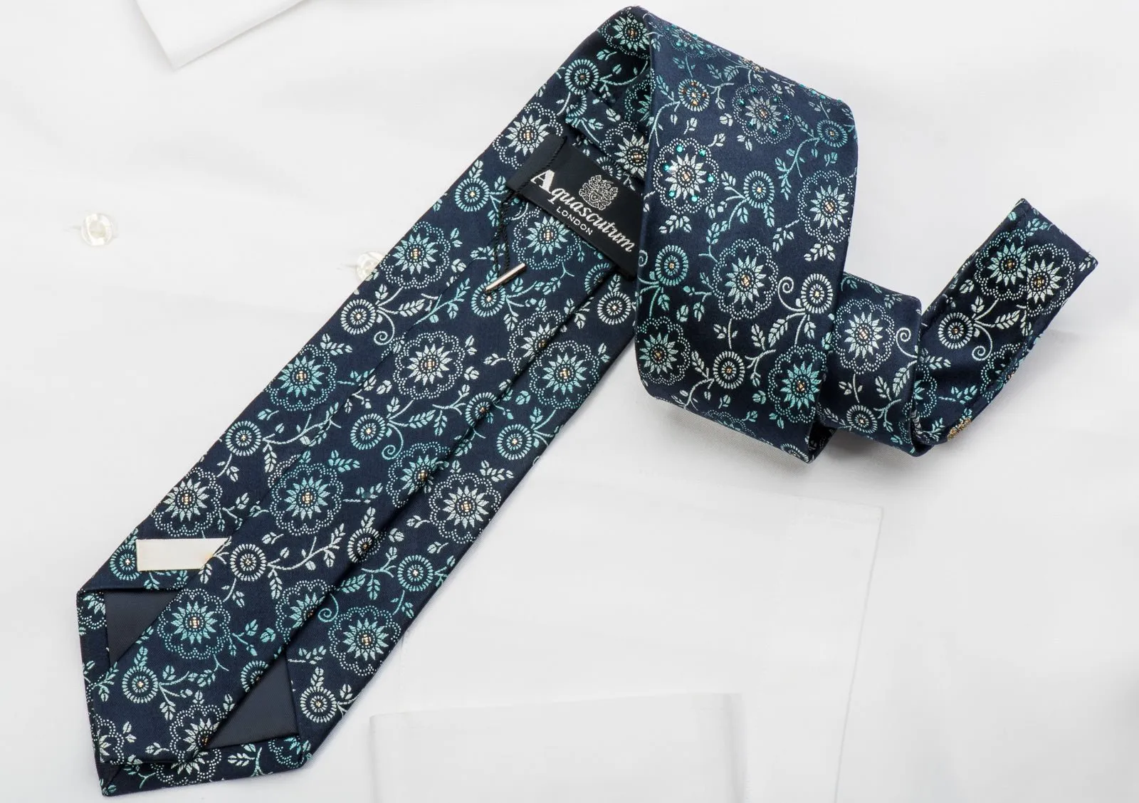 Aquascutum Rhinestone Necktie Turquoise Floral On Dark Blue With Sparkles