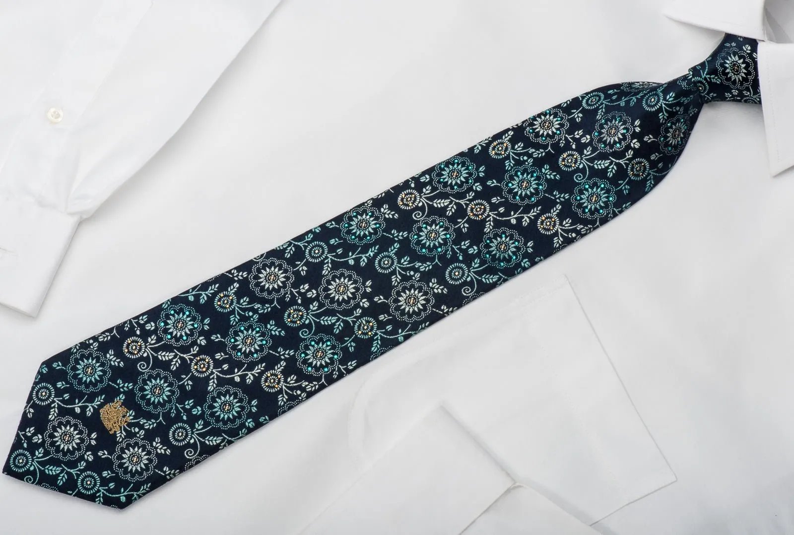 Aquascutum Rhinestone Necktie Turquoise Floral On Dark Blue With Sparkles