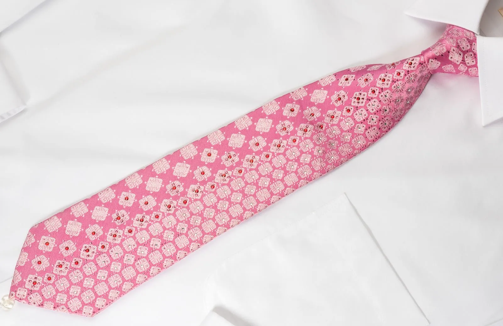 Arnaldo Bassini Rhinestone Necktie Geometric On Pink With Silver Sparkles
