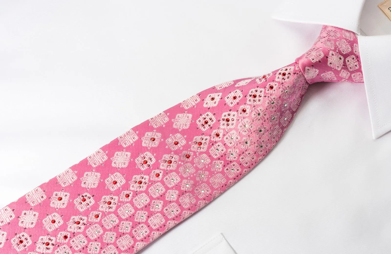 Arnaldo Bassini Rhinestone Necktie Geometric On Pink With Silver Sparkles
