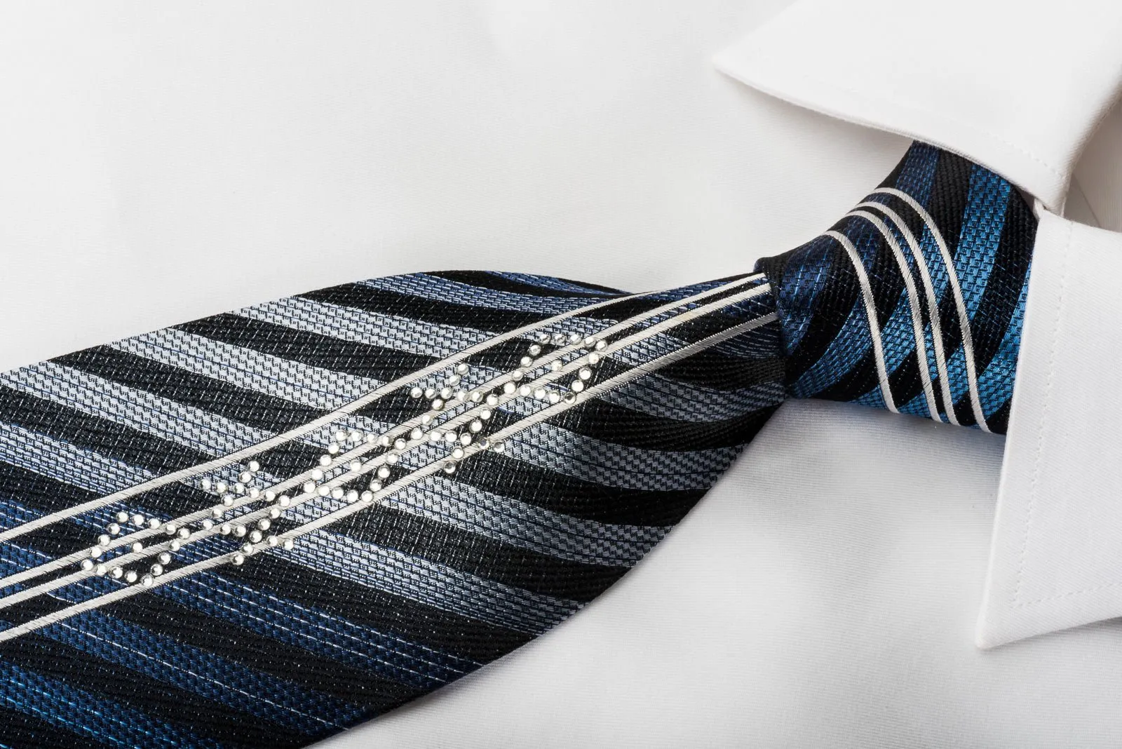 Arnaldo Bassini Silk Necktie Striped On Blue Sparkling With Rhinestones
