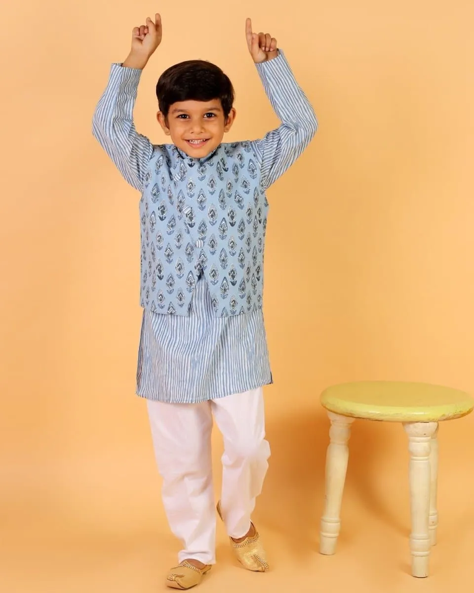 Aster Blue Block Print Jacket and Kurta Pajama Set