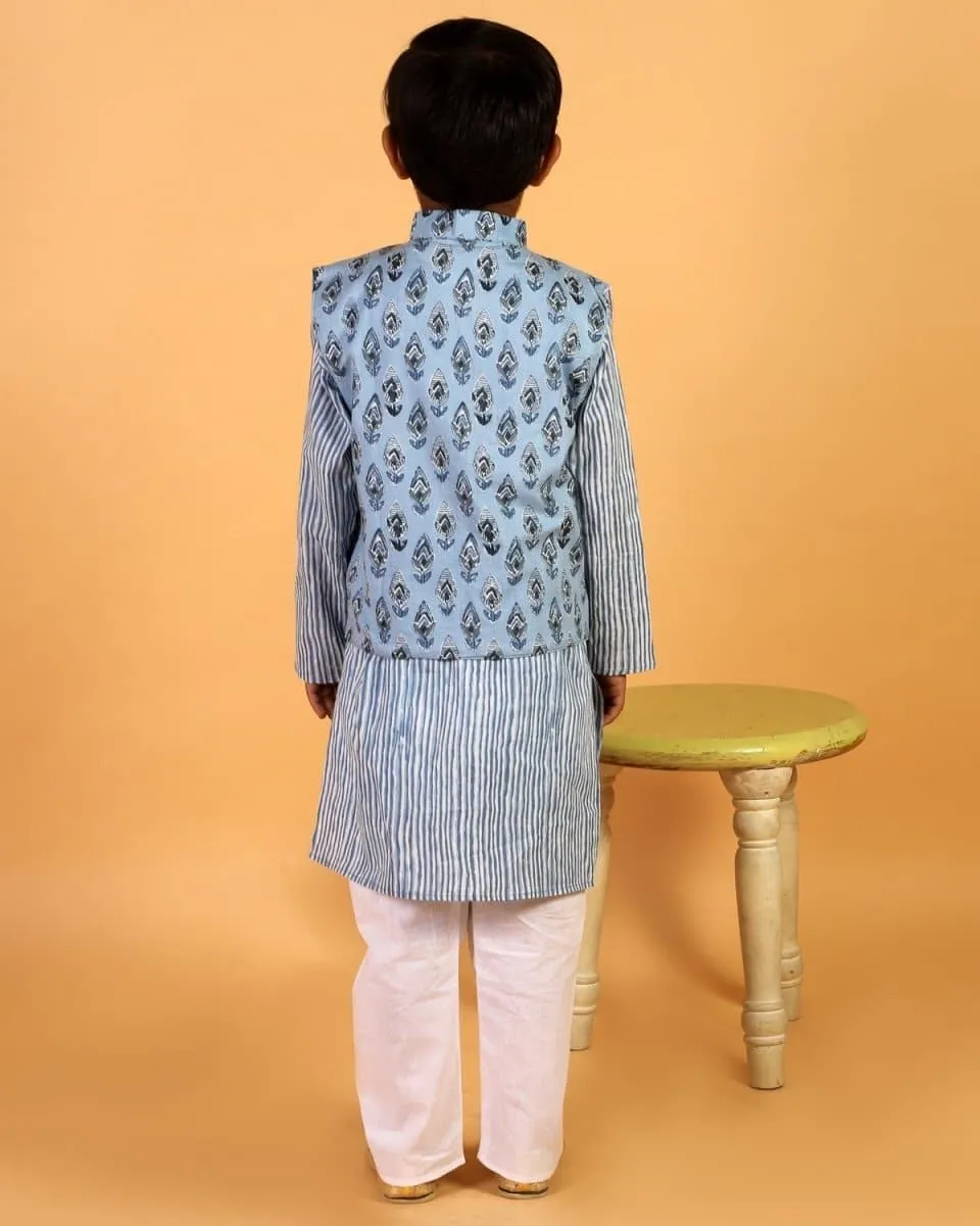 Aster Blue Block Print Jacket and Kurta Pajama Set