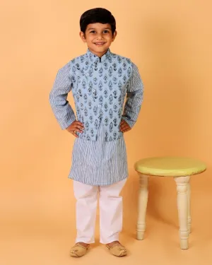 Aster Blue Block Print Jacket and Kurta Pajama Set