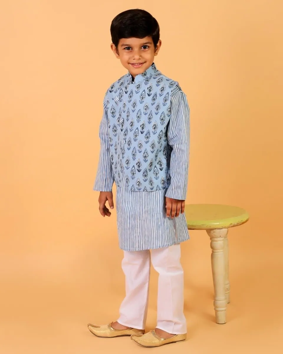 Aster Blue Block Print Jacket and Kurta Pajama Set