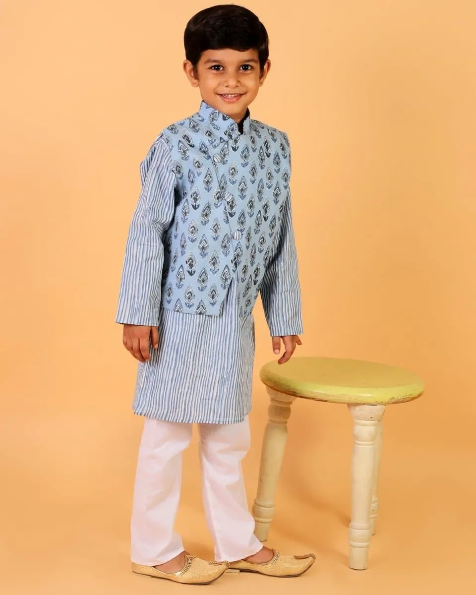 Aster Blue Block Print Jacket and Kurta Pajama Set