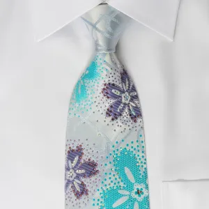 Austin Reed Rhinestone Necktie Floral On Blue With Silver Sparkles