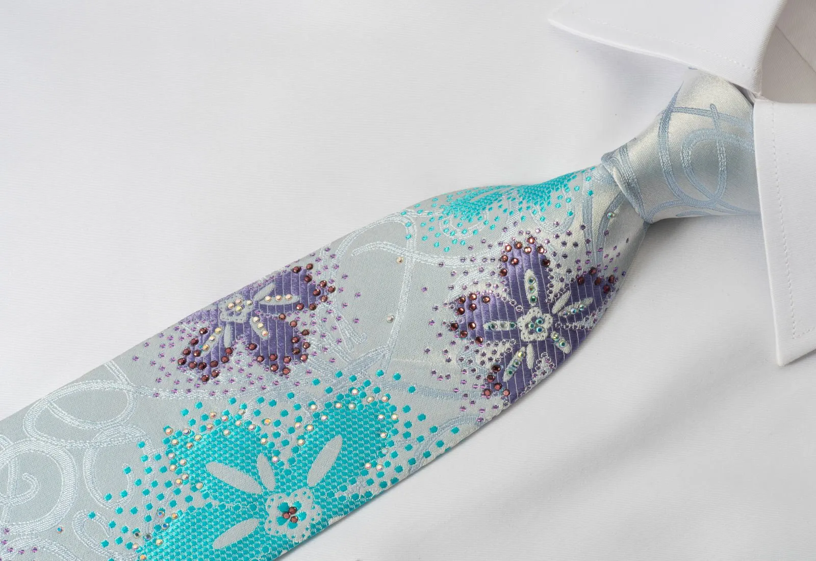 Austin Reed Rhinestone Necktie Floral On Blue With Silver Sparkles