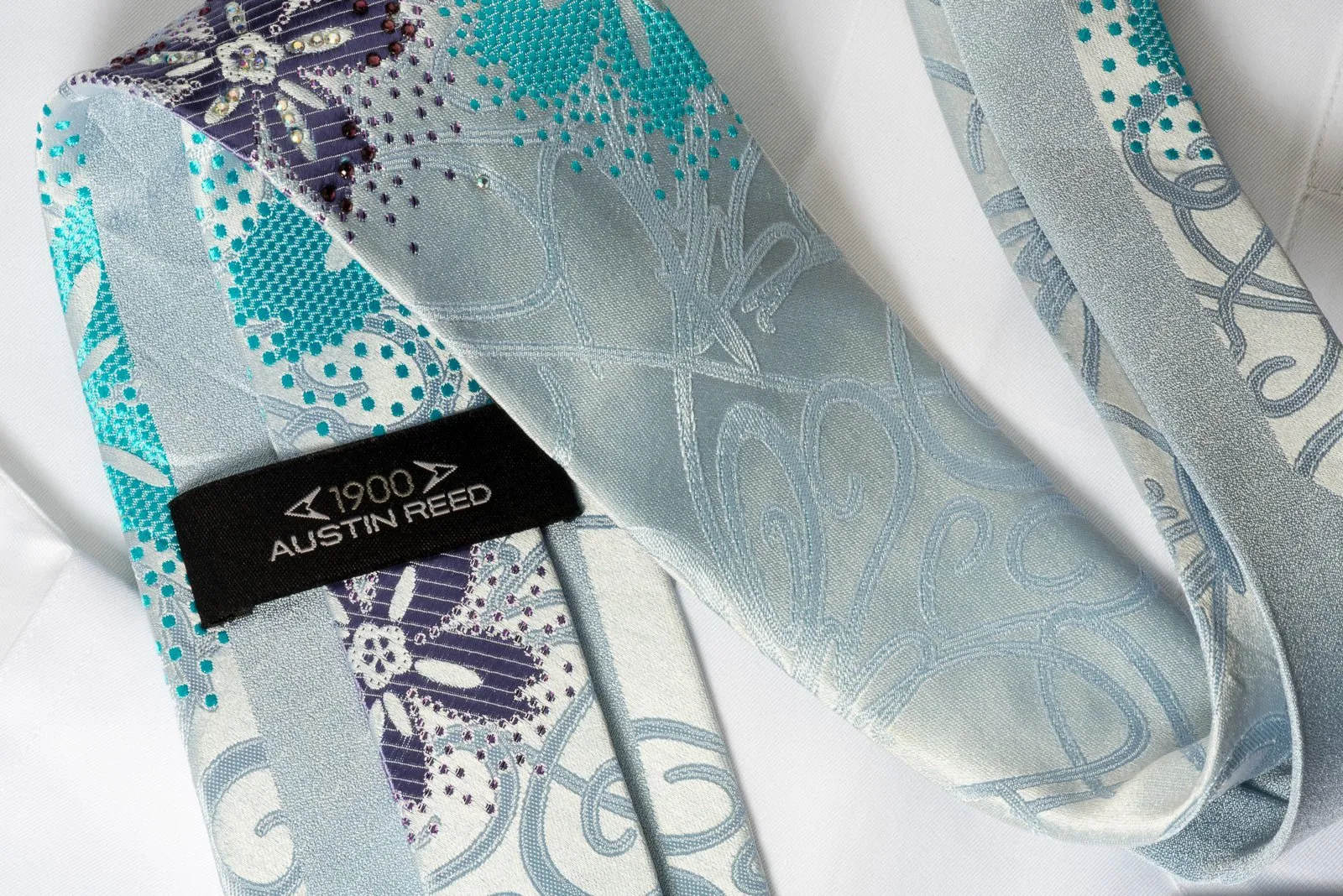 Austin Reed Rhinestone Necktie Floral On Blue With Silver Sparkles