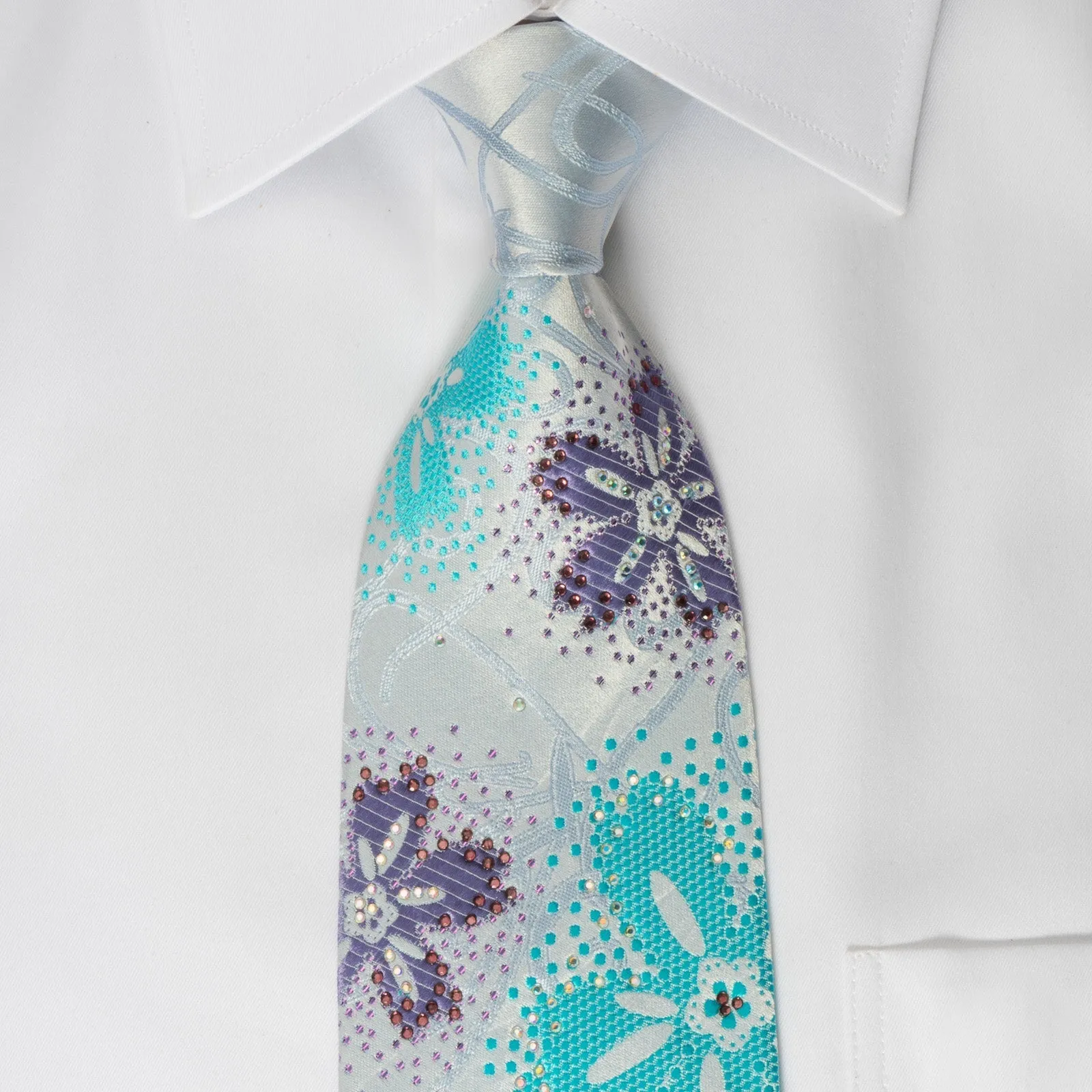 Austin Reed Rhinestone Necktie Floral On Blue With Silver Sparkles