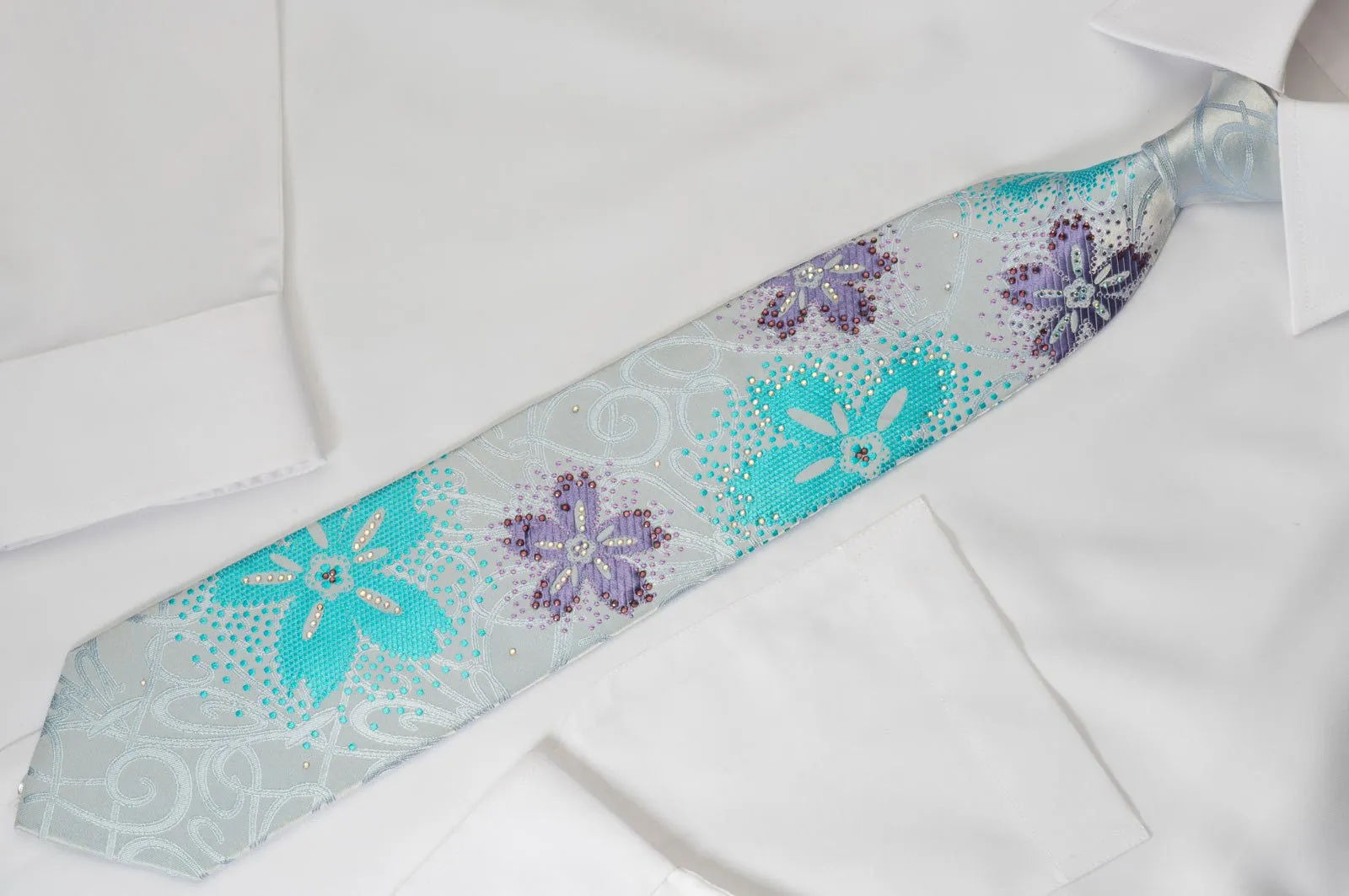 Austin Reed Rhinestone Necktie Floral On Blue With Silver Sparkles