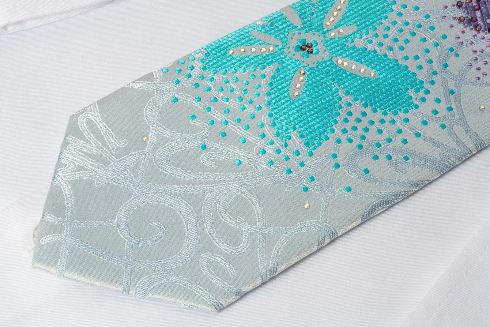 Austin Reed Rhinestone Necktie Floral On Blue With Silver Sparkles