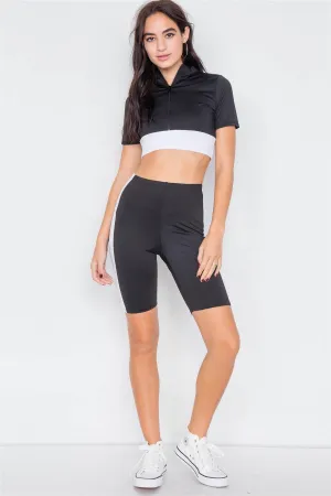 Black & White Contrast Trim Crop Pull Over & Mini Biker Short Set /2-2-1