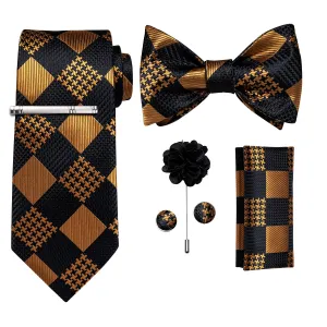 Black Brown Pliad Bowtie Necktie  Hanky Cufflinks Brooch Clip Set