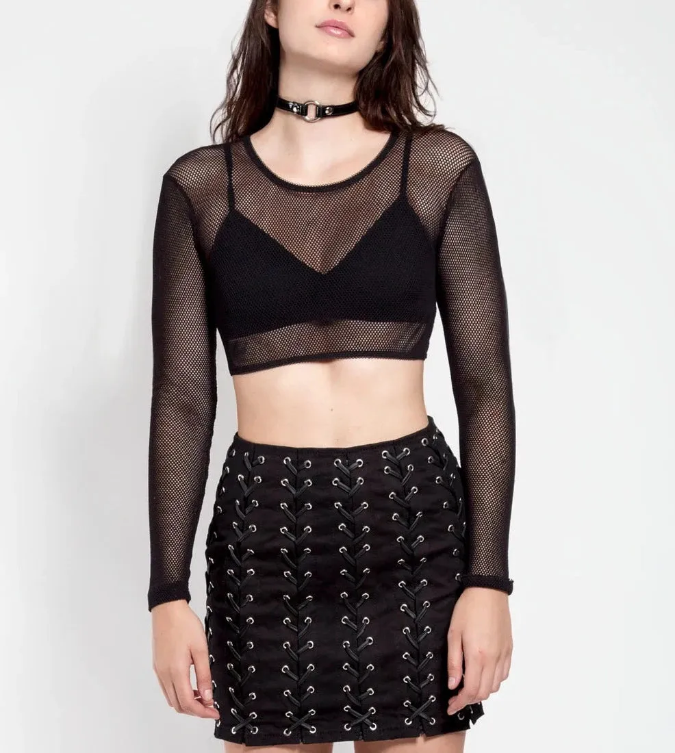 Black Cropped Long Sleeved Fishnet Top