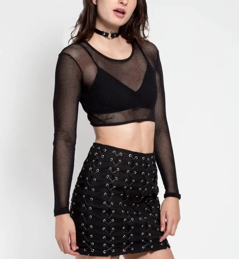 Black Cropped Long Sleeved Fishnet Top