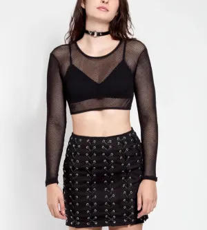 Black Cropped Long Sleeved Fishnet Top