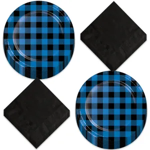 Blue & Black Buffalo Plaid Paper Dinner Plates and Luncheon Napkins (Serves 16)
