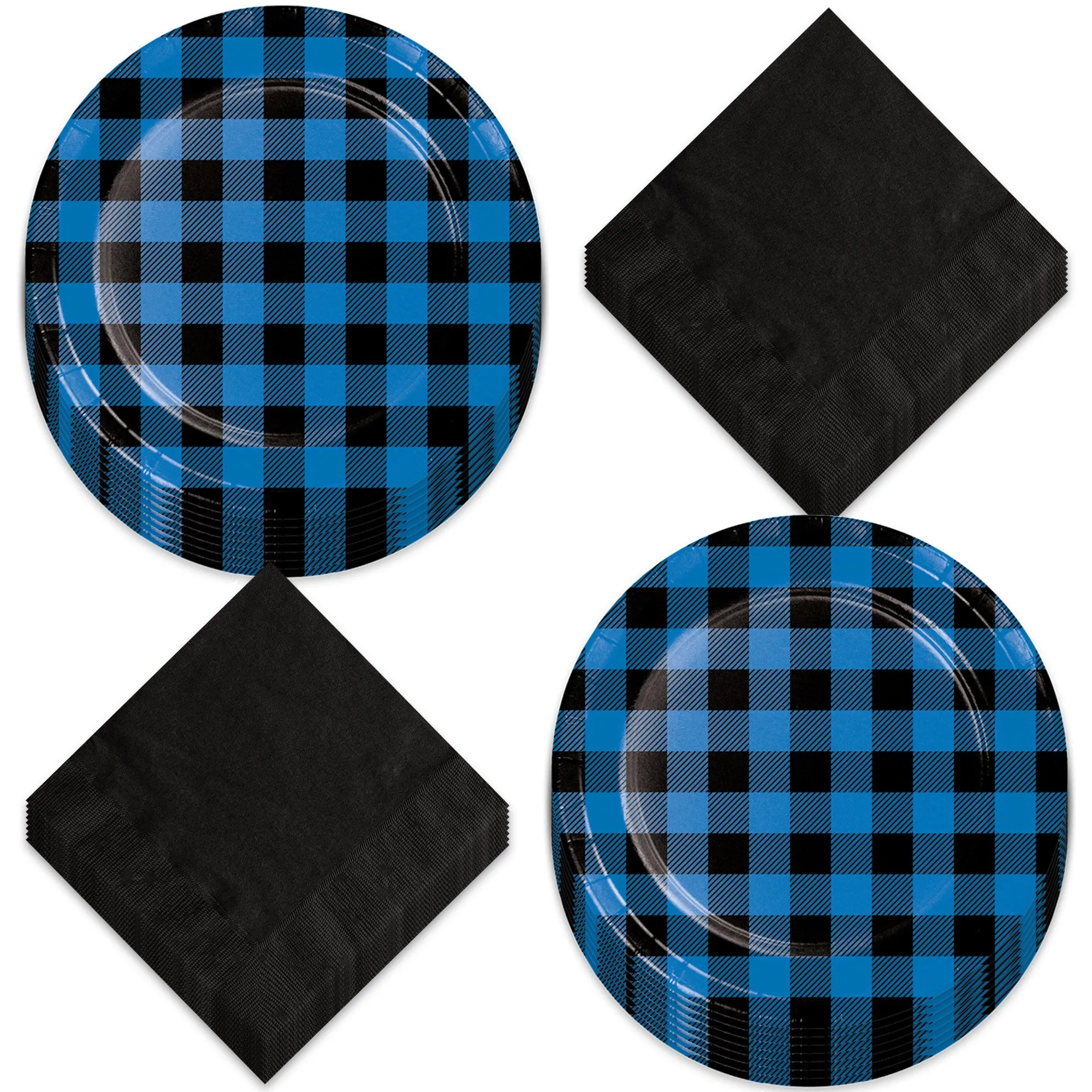 Blue & Black Buffalo Plaid Paper Dinner Plates and Luncheon Napkins (Serves 16)