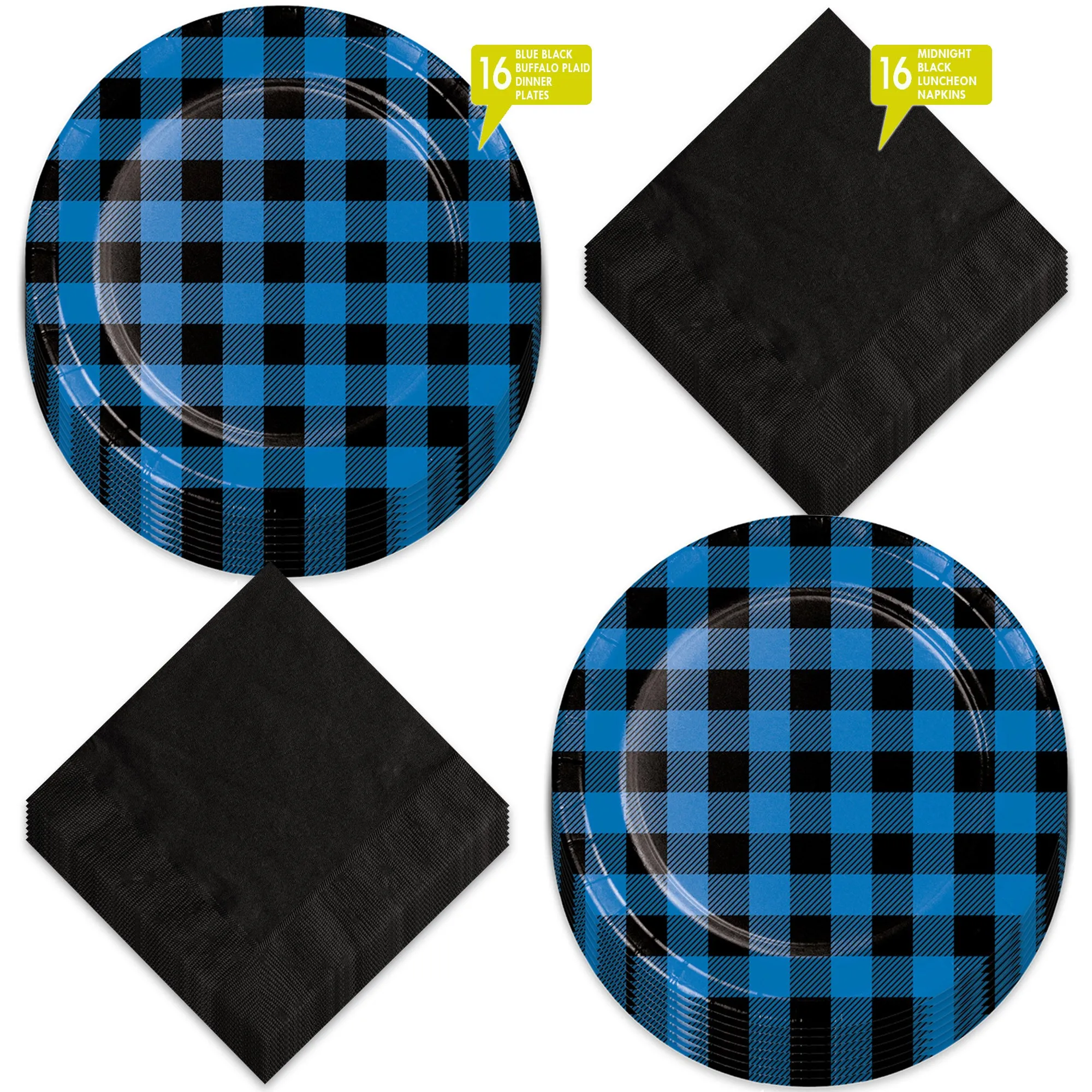 Blue & Black Buffalo Plaid Paper Dinner Plates and Luncheon Napkins (Serves 16)