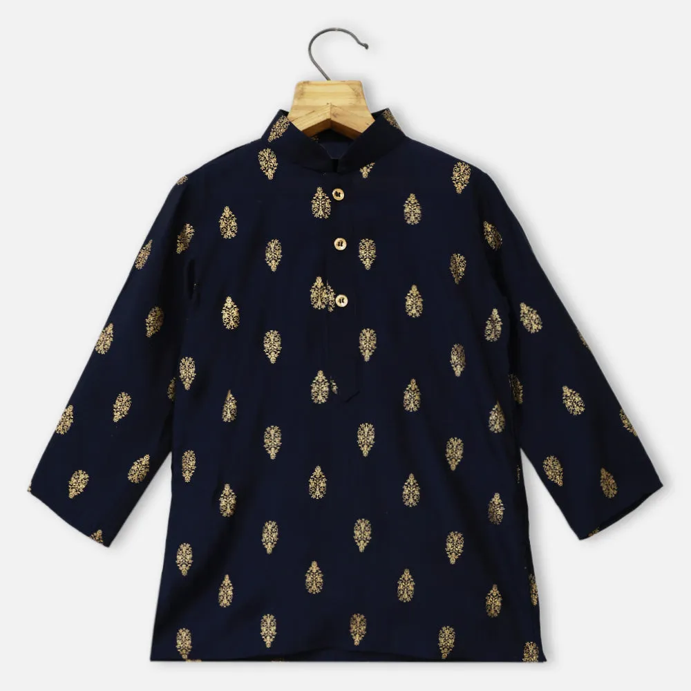 Blue Block Printed Kurta With Beige Pajama