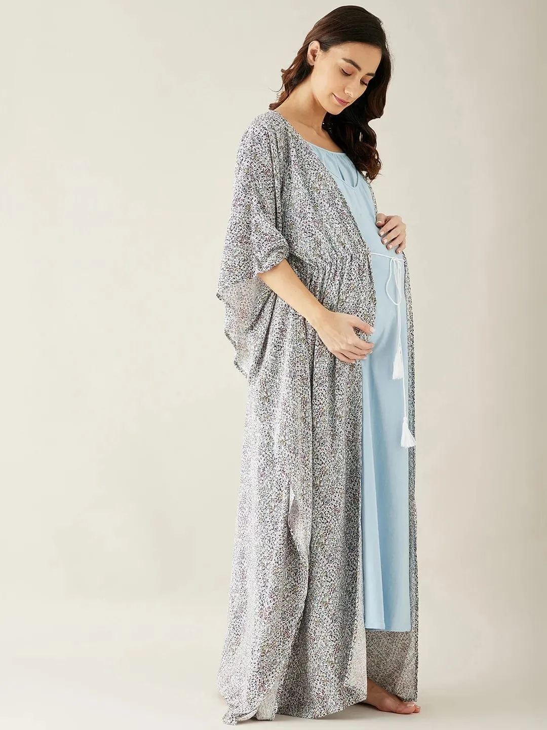 Blue Floral Printed Maternity Kaftan Night Gown