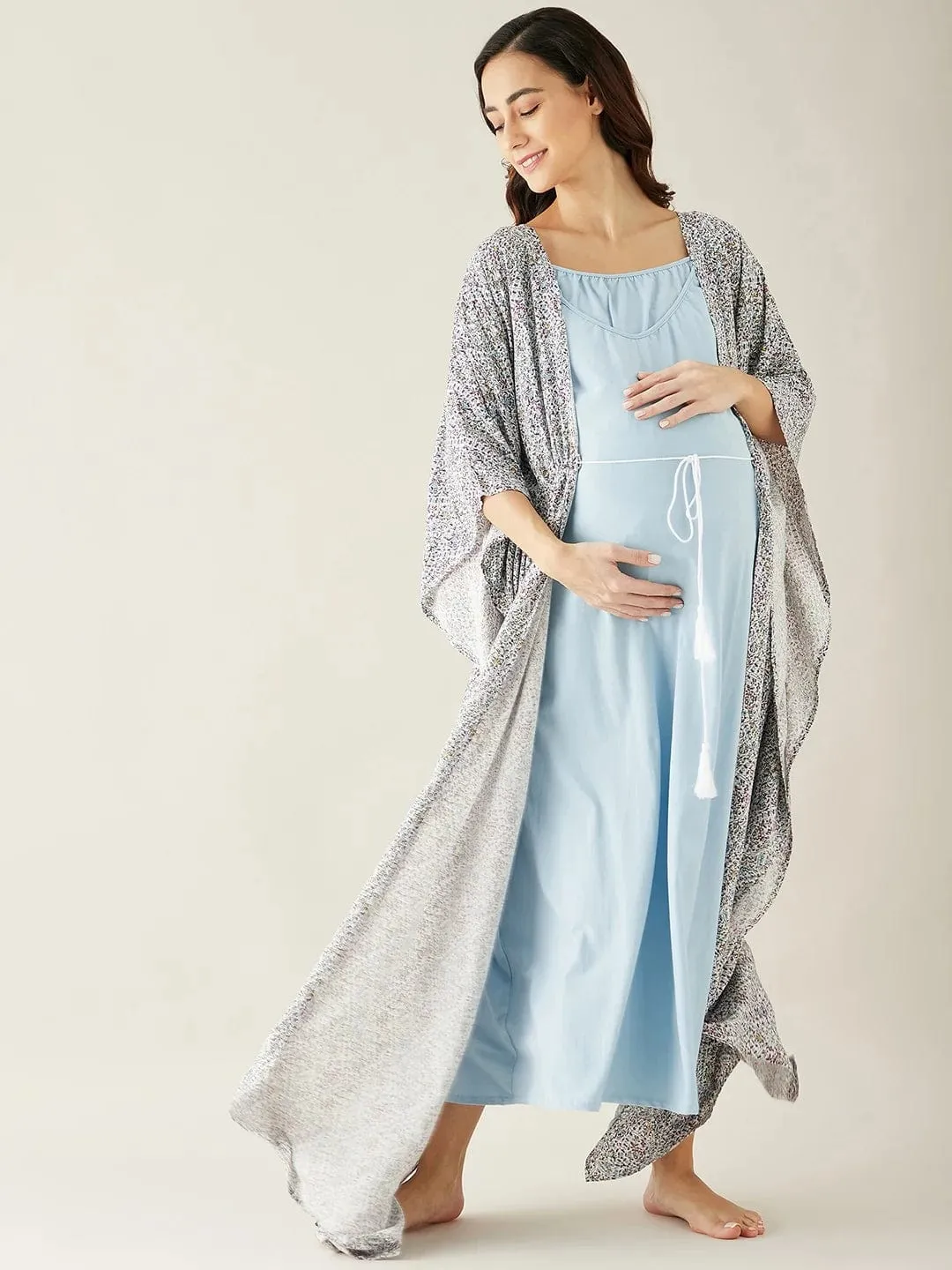 Blue Floral Printed Maternity Kaftan Night Gown