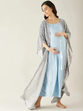 Blue Floral Printed Maternity Kaftan Night Gown