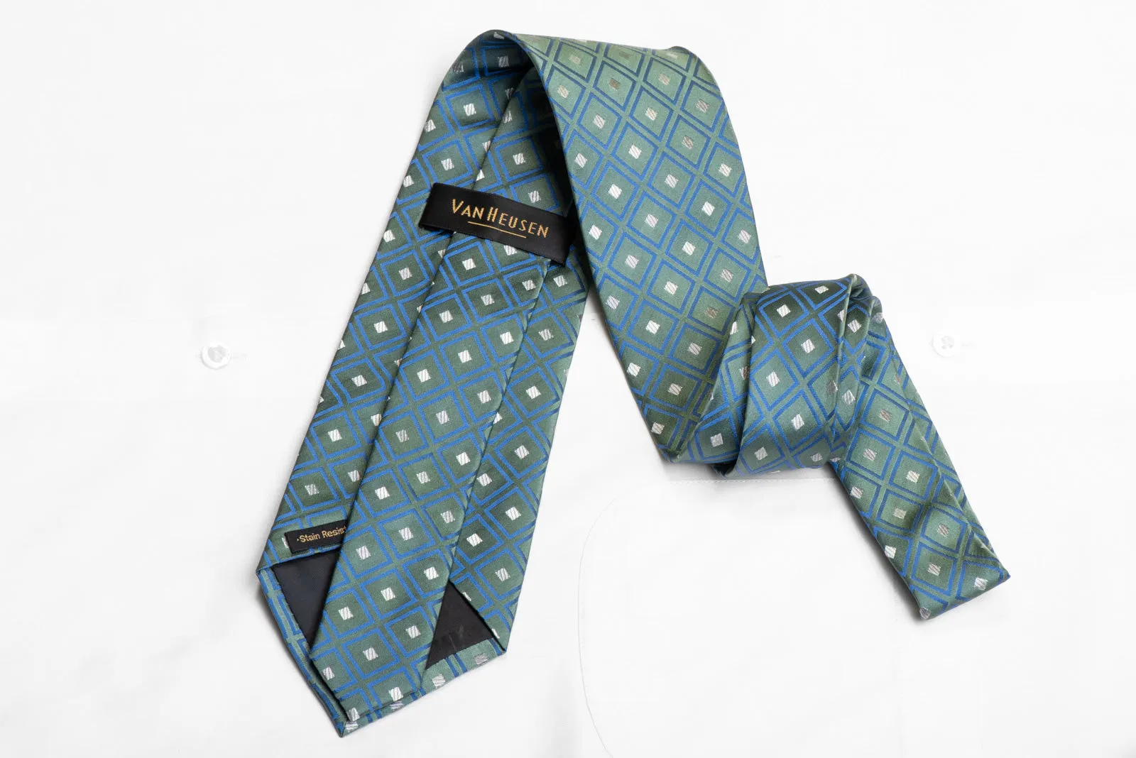 Blue Geometric On Green Men's Silk Necktie