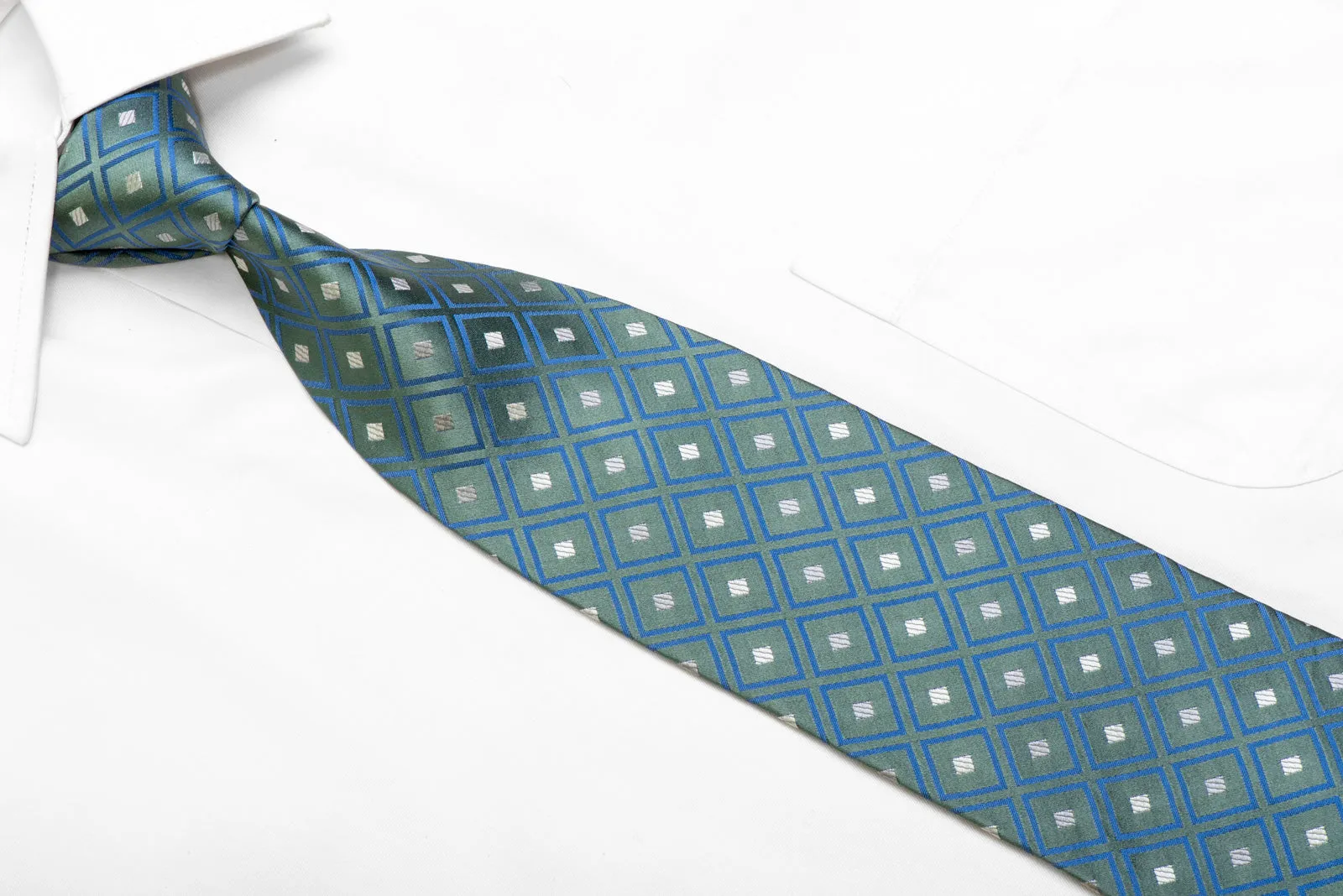 Blue Geometric On Green Men's Silk Necktie